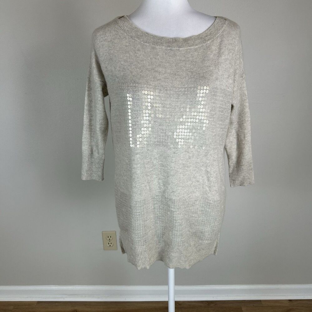 Autumn Cashmere sequin Small 100% Cashmere Hemp Beige Boatneck Hi Low Quiet Lux